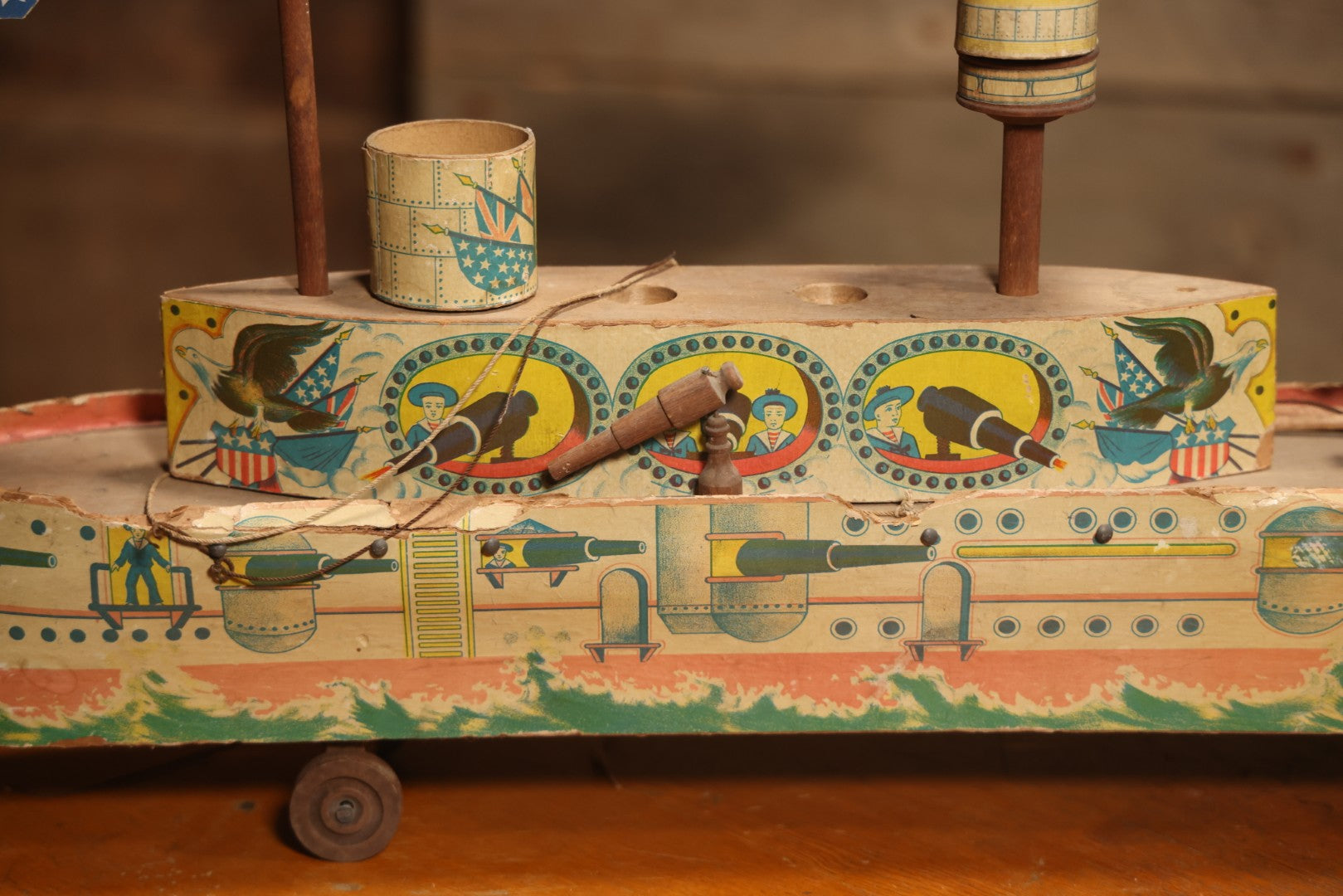 Early 20th Century “Uncle Sam” Paper Lithographed And Wood Pull Toy Battleship, 32" L