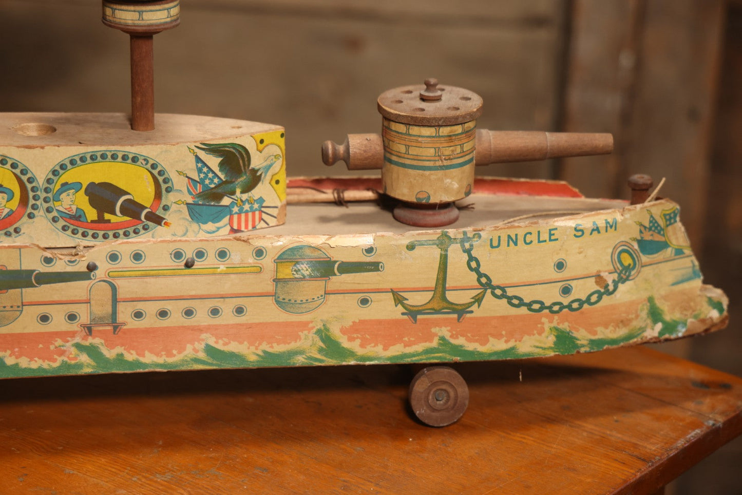 Early 20th Century “Uncle Sam” Paper Lithographed And Wood Pull Toy Battleship, 32" L