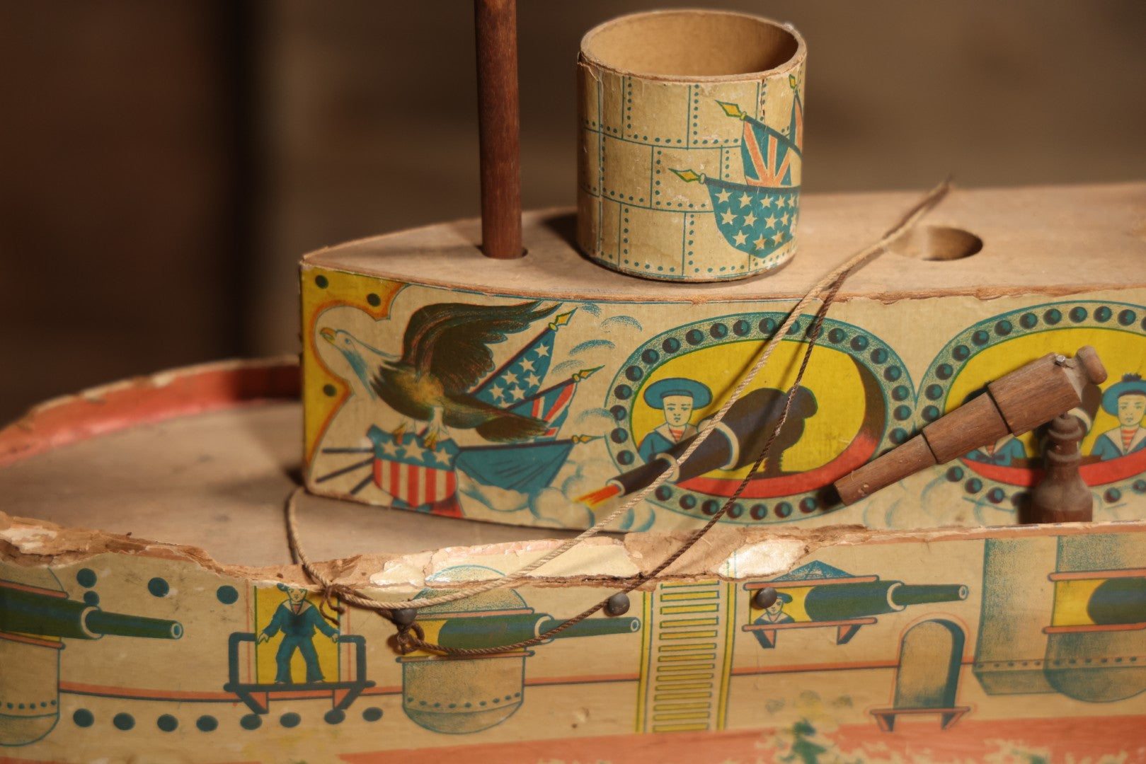 Early 20th Century “Uncle Sam” Paper Lithographed And Wood Pull Toy Battleship, 32" L