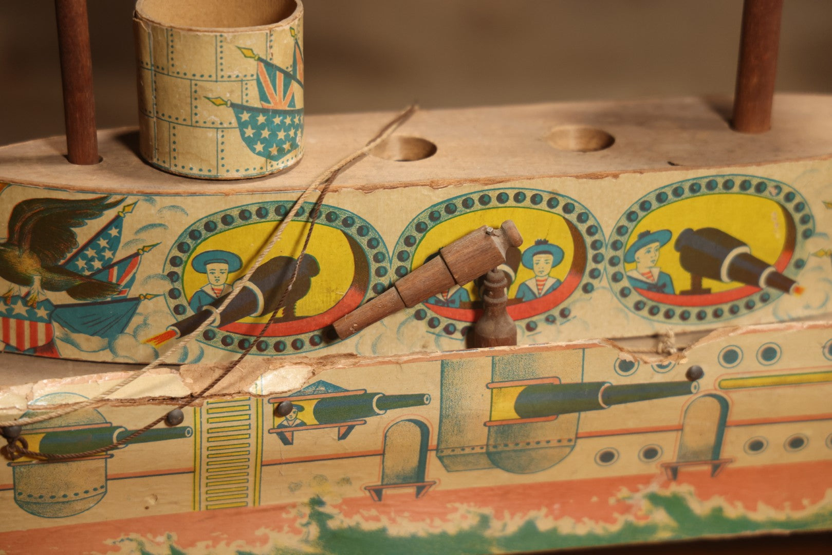 Early 20th Century “Uncle Sam” Paper Lithographed And Wood Pull Toy Battleship, 32" L