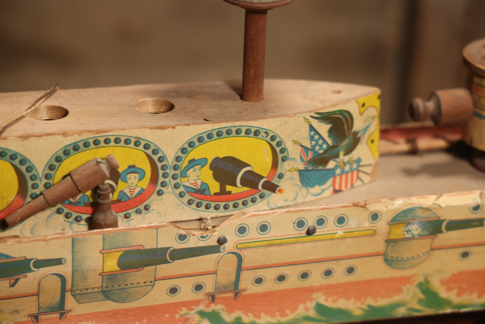 Early 20th Century “Uncle Sam” Paper Lithographed And Wood Pull Toy Battleship, 32" L