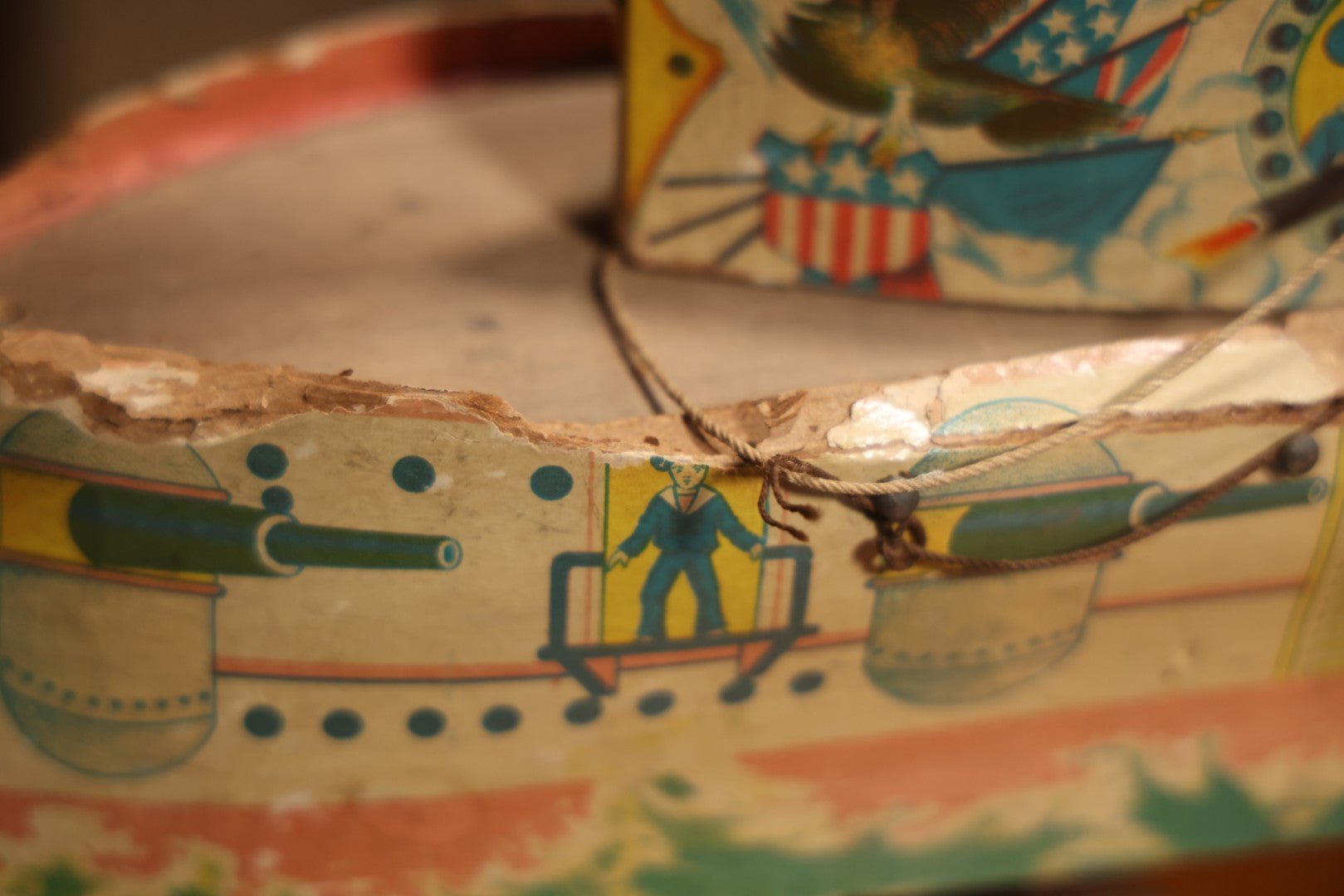 Early 20th Century “Uncle Sam” Paper Lithographed And Wood Pull Toy Battleship, 32" L