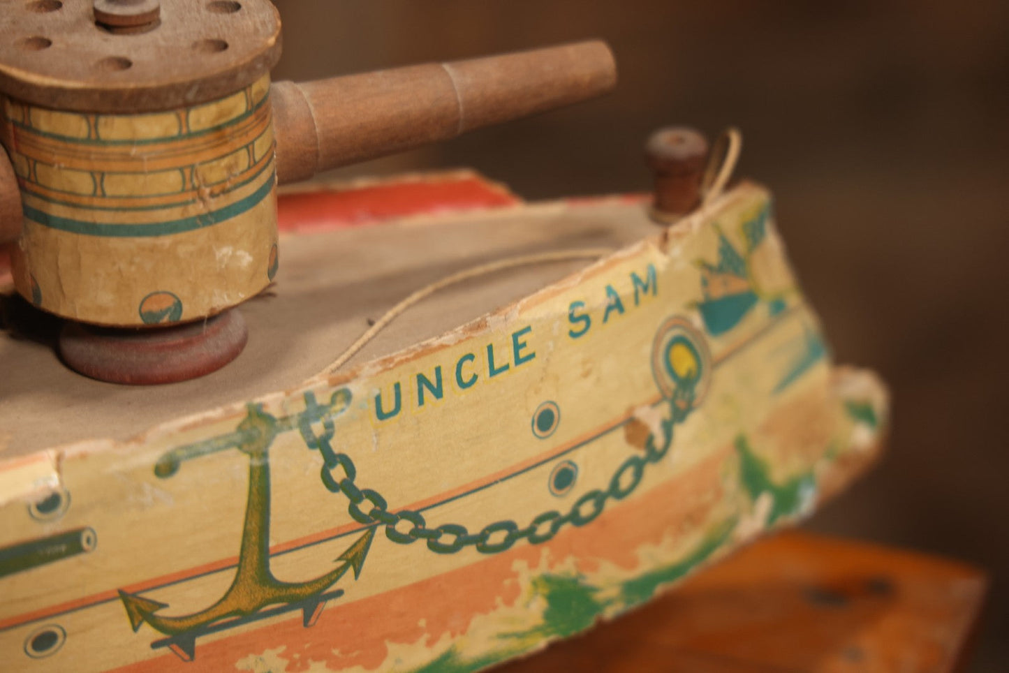 Early 20th Century “Uncle Sam” Paper Lithographed And Wood Pull Toy Battleship, 32" L