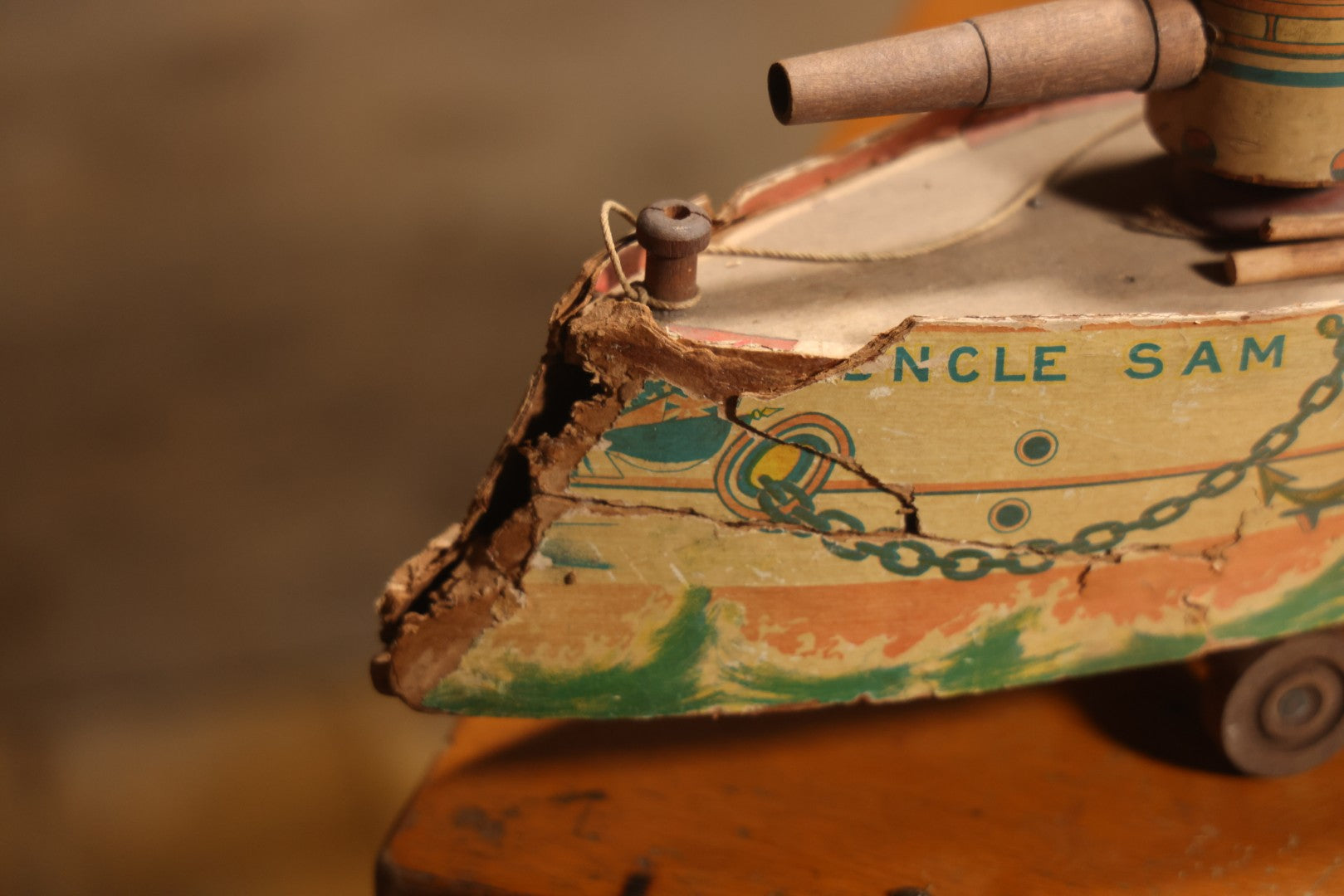 Early 20th Century “Uncle Sam” Paper Lithographed And Wood Pull Toy Battleship, 32" L