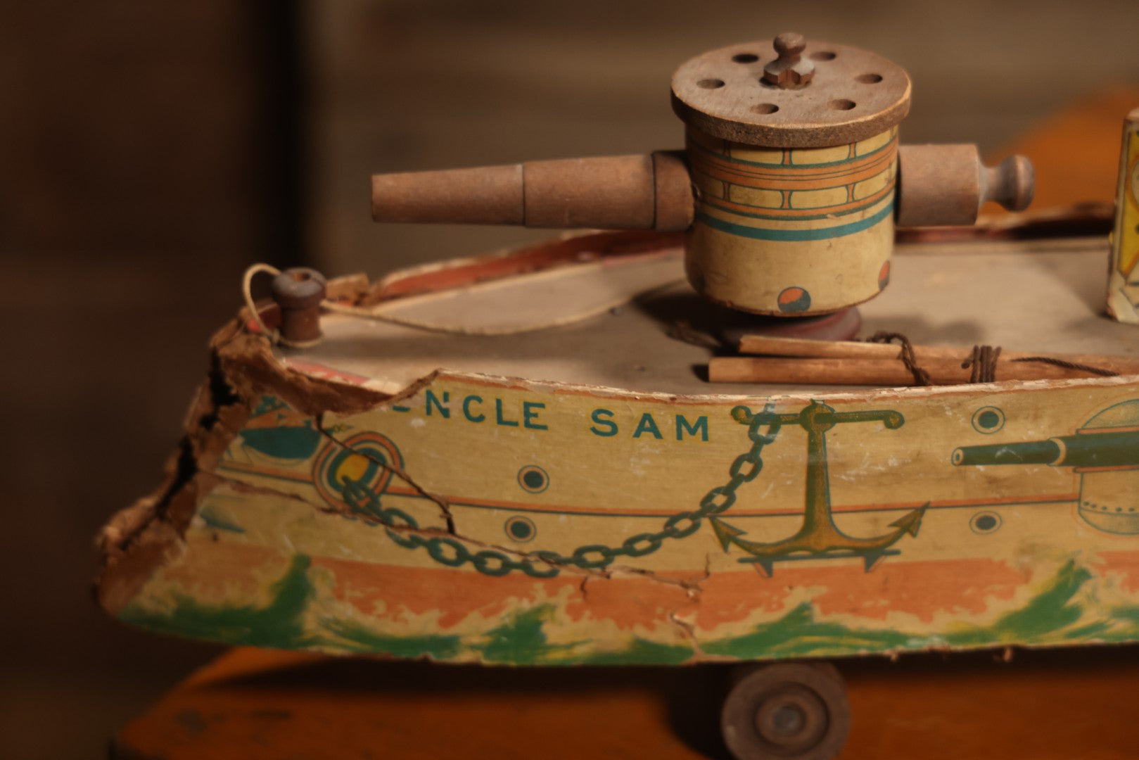 Early 20th Century “Uncle Sam” Paper Lithographed And Wood Pull Toy Battleship, 32" L