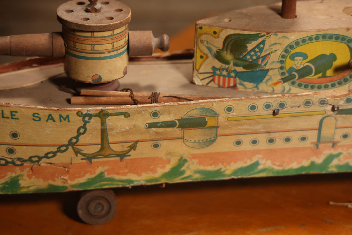Early 20th Century “Uncle Sam” Paper Lithographed And Wood Pull Toy Battleship, 32" L