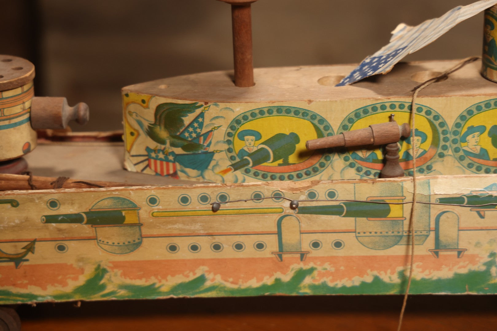 Early 20th Century “Uncle Sam” Paper Lithographed And Wood Pull Toy Battleship, 32" L