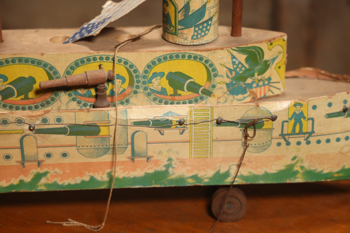 Early 20th Century “Uncle Sam” Paper Lithographed And Wood Pull Toy Battleship, 32" L