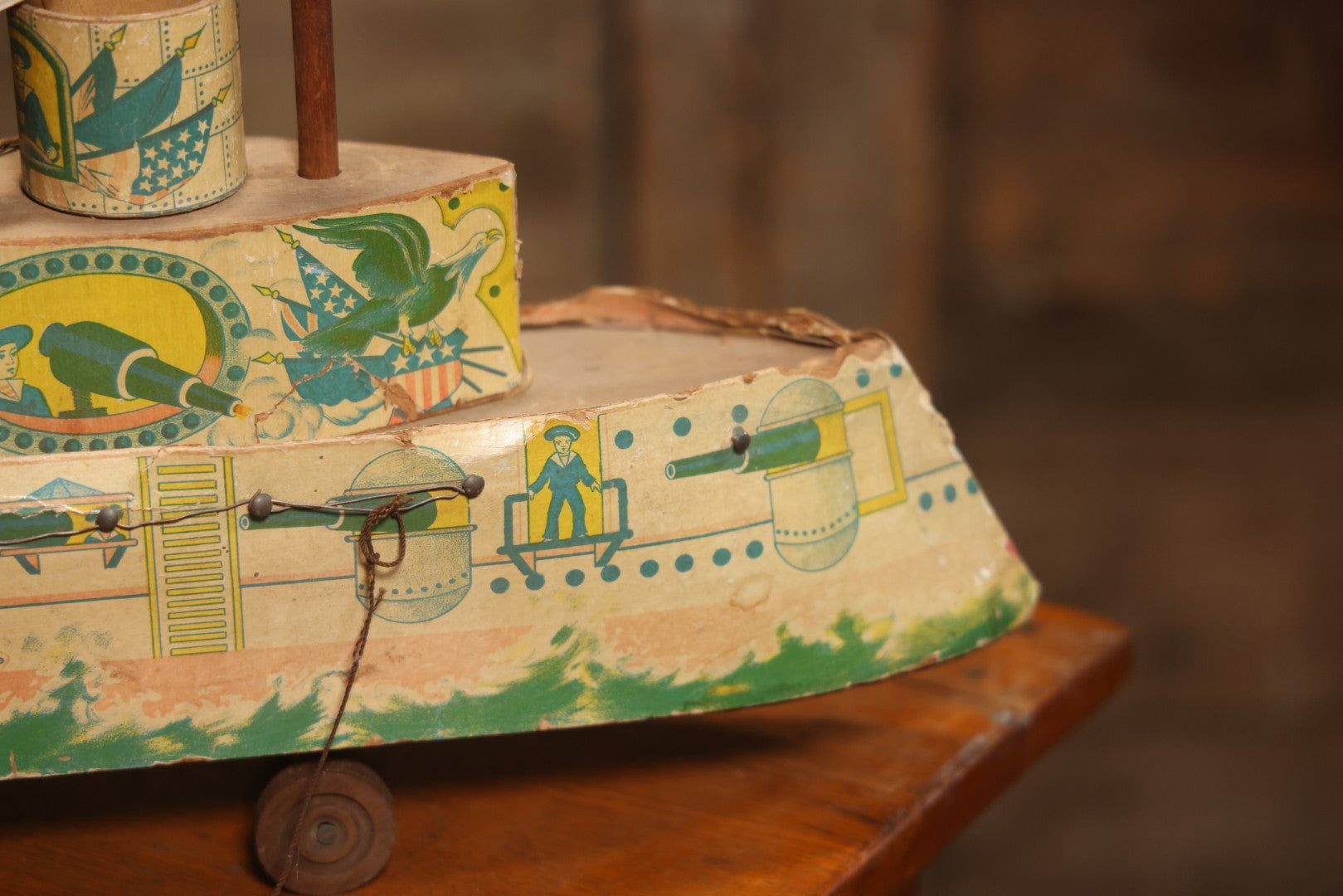 Early 20th Century “Uncle Sam” Paper Lithographed And Wood Pull Toy Battleship, 32" L