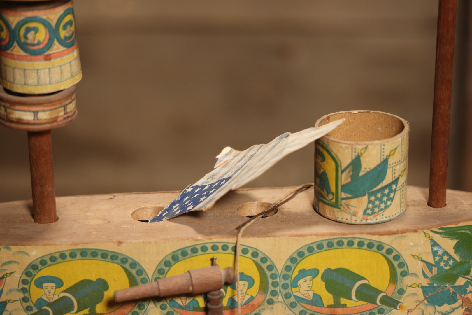 Early 20th Century “Uncle Sam” Paper Lithographed And Wood Pull Toy Battleship, 32" L