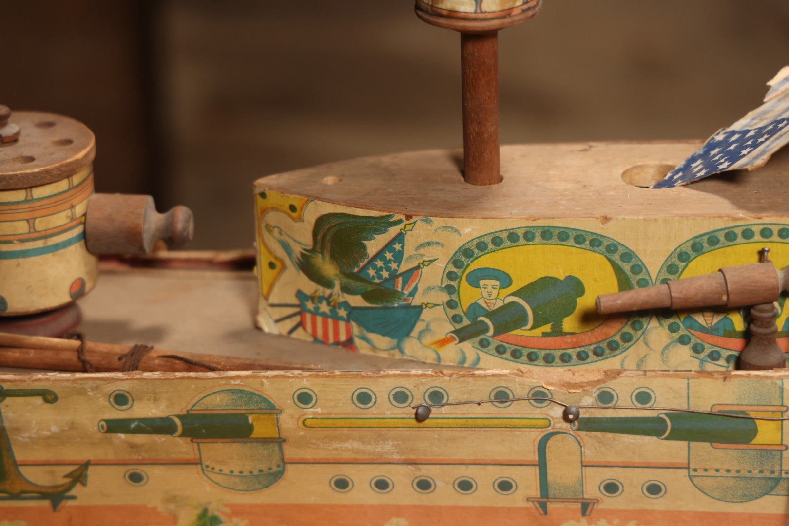 Early 20th Century “Uncle Sam” Paper Lithographed And Wood Pull Toy Battleship, 32" L