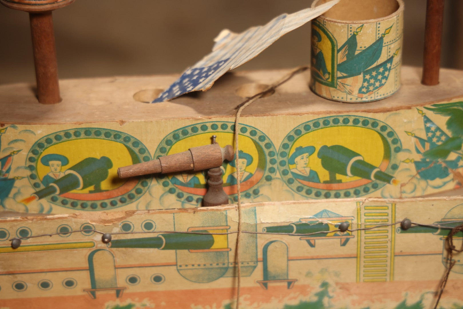 Early 20th Century “Uncle Sam” Paper Lithographed And Wood Pull Toy Battleship, 32" L