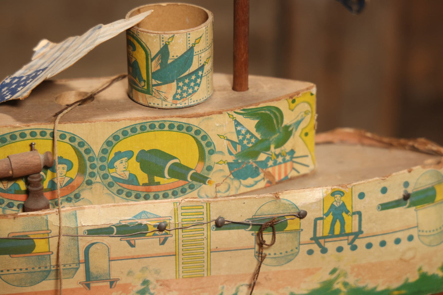 Early 20th Century “Uncle Sam” Paper Lithographed And Wood Pull Toy Battleship, 32" L