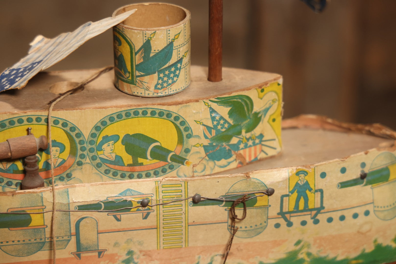 Early 20th Century “Uncle Sam” Paper Lithographed And Wood Pull Toy Battleship, 32" L