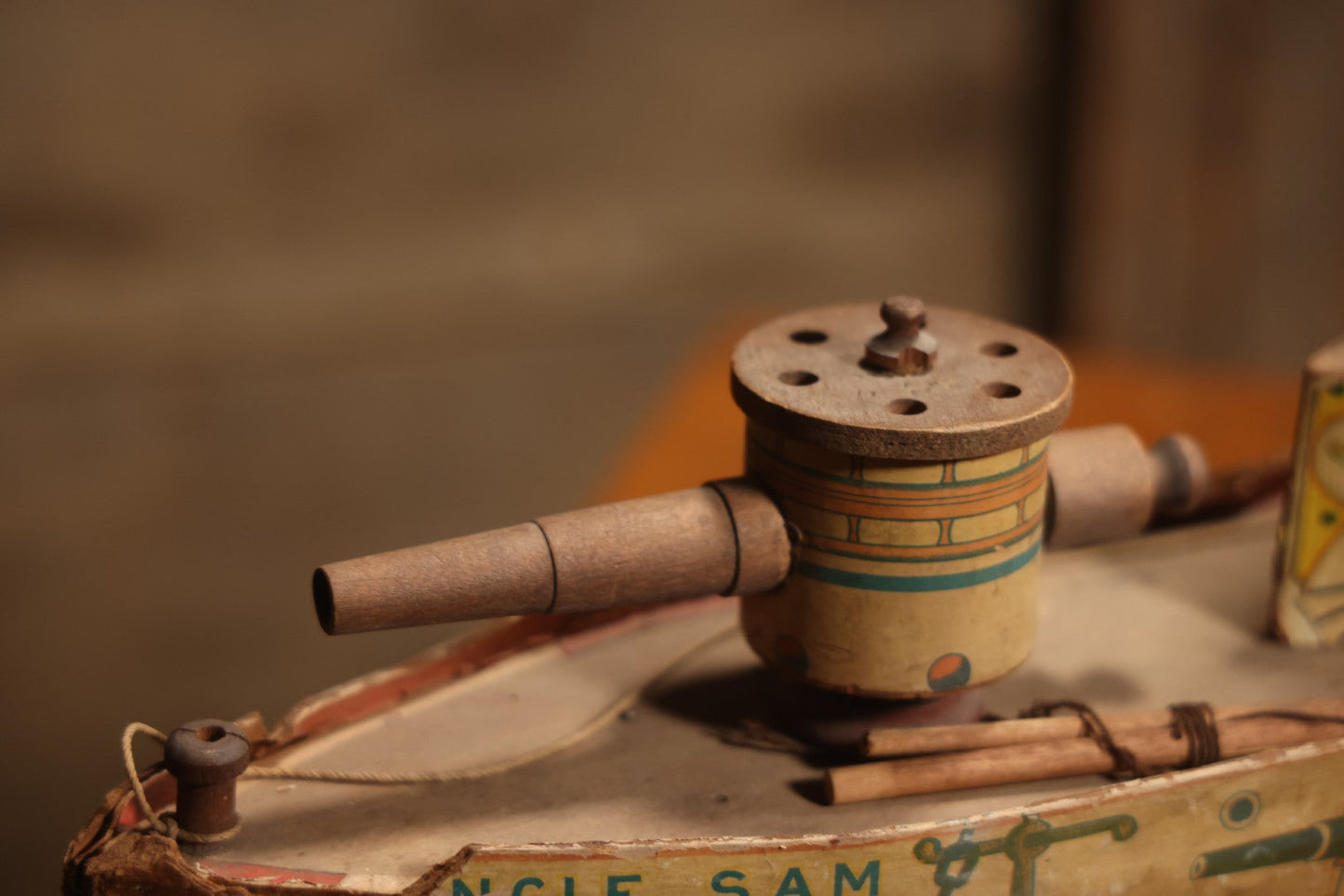 Early 20th Century “Uncle Sam” Paper Lithographed And Wood Pull Toy Battleship, 32" L