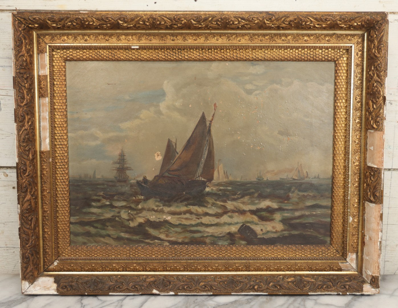 Lot 001 - Antique Oil On Canvas Maritime Nautical Painting With Sailing Ships, Gilt Gesso Frame, Note Holes And Paint Losses, 25-3/4" x 20"