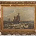 Lot 001 - Antique Oil On Canvas Maritime Nautical Painting With Sailing Ships, Gilt Gesso Frame, Note Holes And Paint Losses, 25-3/4" x 20"