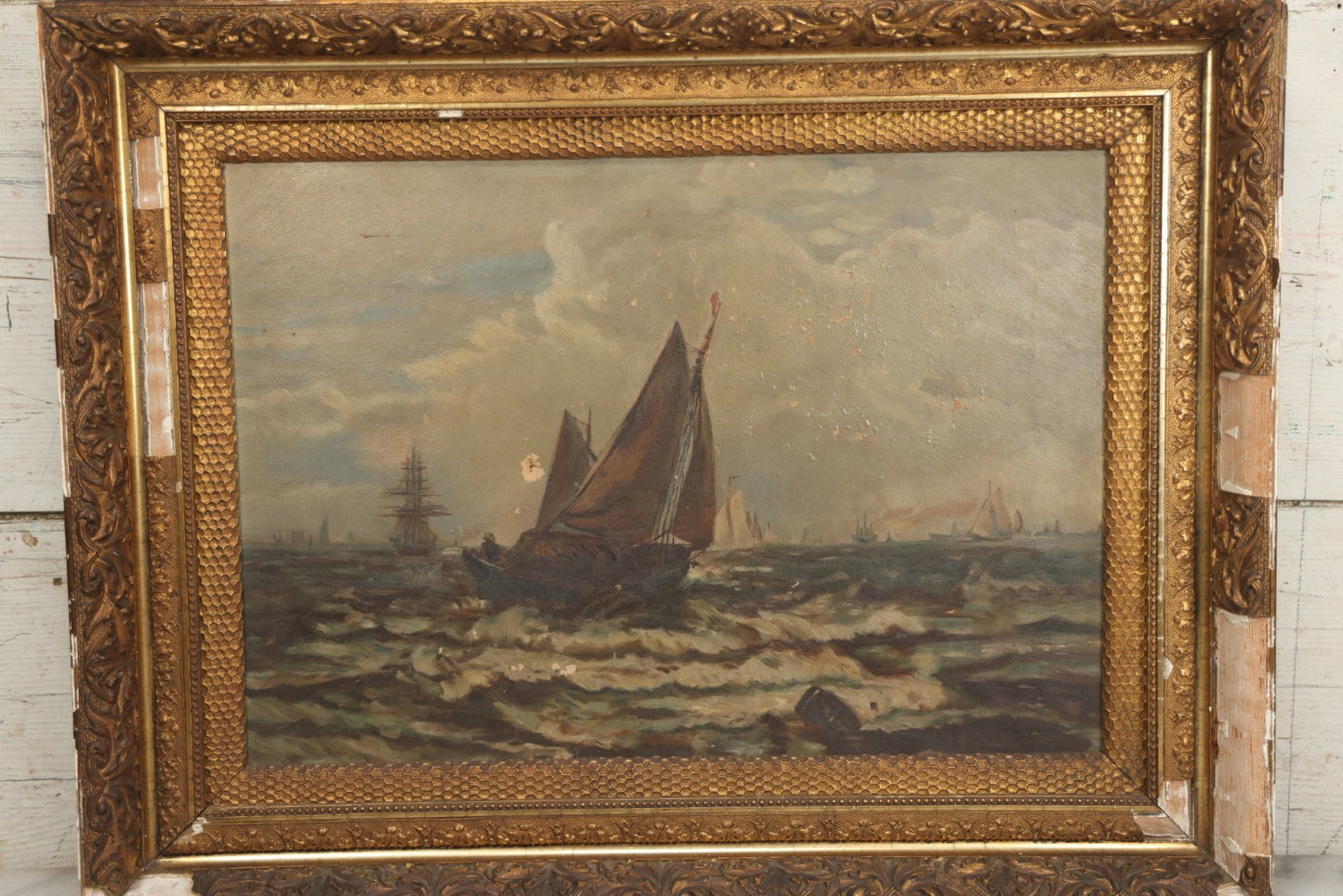Lot 001 - Antique Oil On Canvas Maritime Nautical Painting With Sailing Ships, Gilt Gesso Frame, Note Holes And Paint Losses, 25-3/4" x 20"