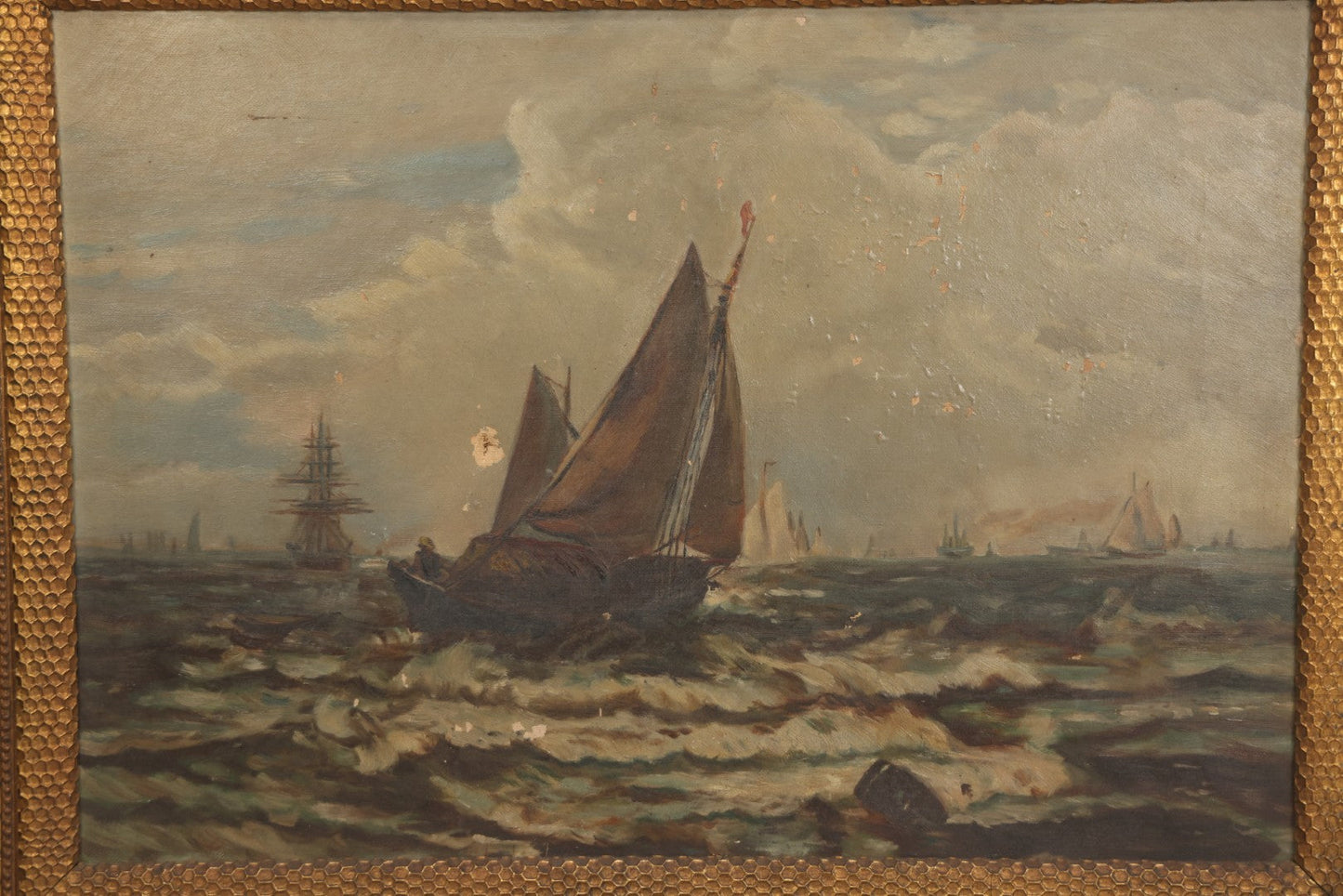 Lot 001 - Antique Oil On Canvas Maritime Nautical Painting With Sailing Ships, Gilt Gesso Frame, Note Holes And Paint Losses, 25-3/4" x 20"