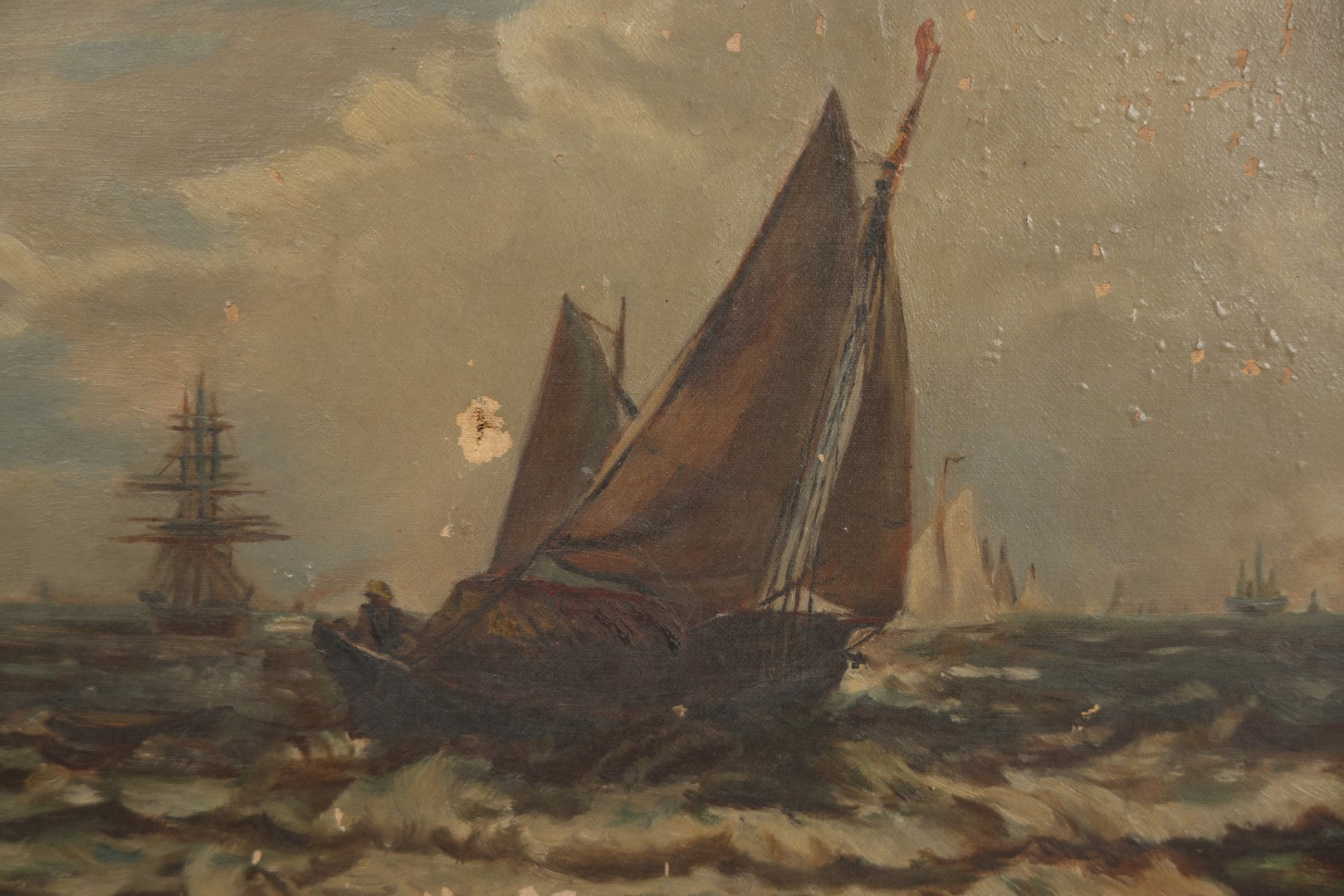 Lot 001 - Antique Oil On Canvas Maritime Nautical Painting With Sailing Ships, Gilt Gesso Frame, Note Holes And Paint Losses, 25-3/4" x 20"