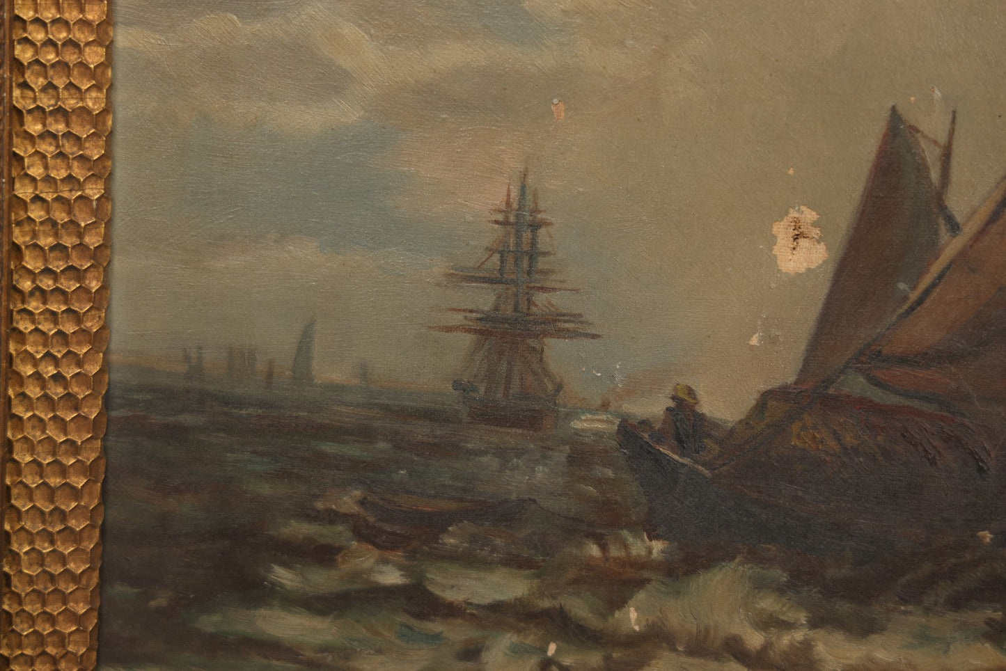 Lot 001 - Antique Oil On Canvas Maritime Nautical Painting With Sailing Ships, Gilt Gesso Frame, Note Holes And Paint Losses, 25-3/4" x 20"