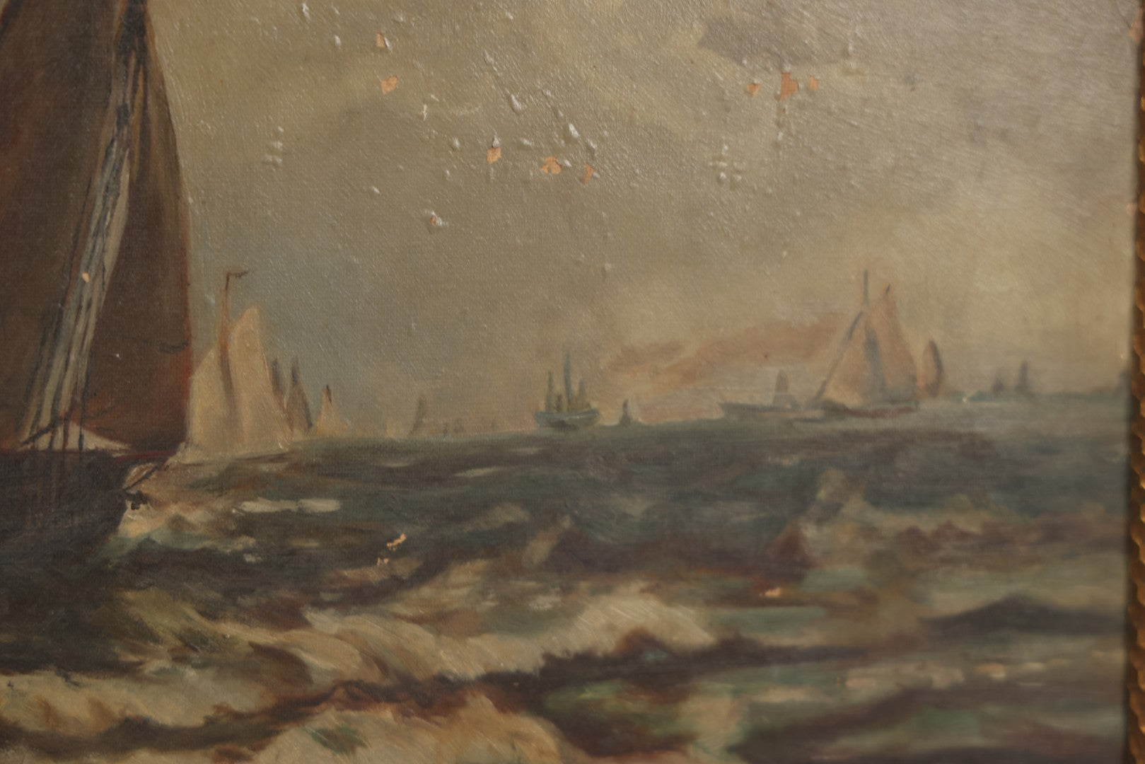 Lot 001 - Antique Oil On Canvas Maritime Nautical Painting With Sailing Ships, Gilt Gesso Frame, Note Holes And Paint Losses, 25-3/4" x 20"