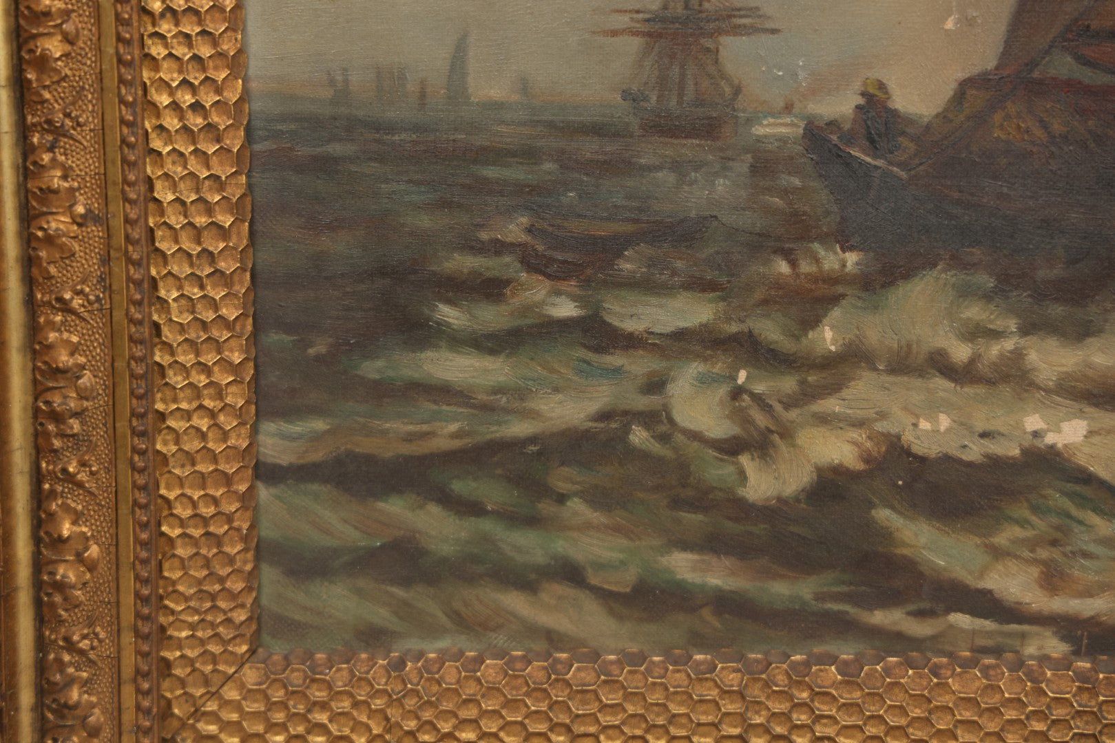 Lot 001 - Antique Oil On Canvas Maritime Nautical Painting With Sailing Ships, Gilt Gesso Frame, Note Holes And Paint Losses, 25-3/4" x 20"