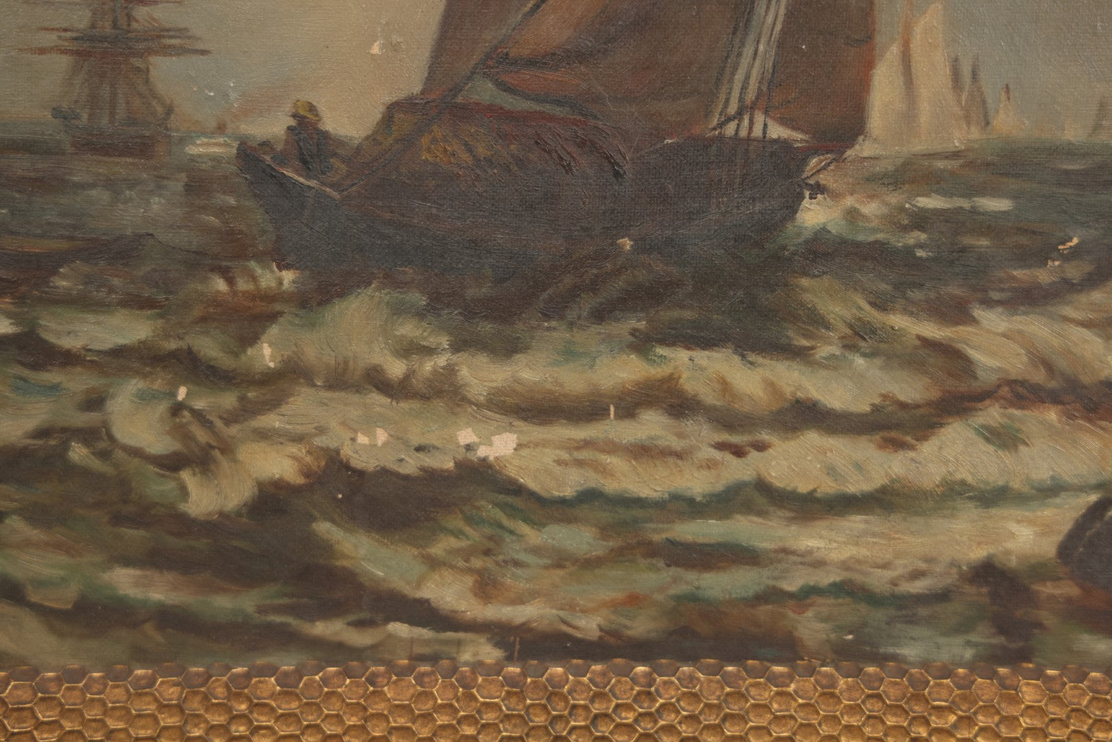 Lot 001 - Antique Oil On Canvas Maritime Nautical Painting With Sailing Ships, Gilt Gesso Frame, Note Holes And Paint Losses, 25-3/4" x 20"