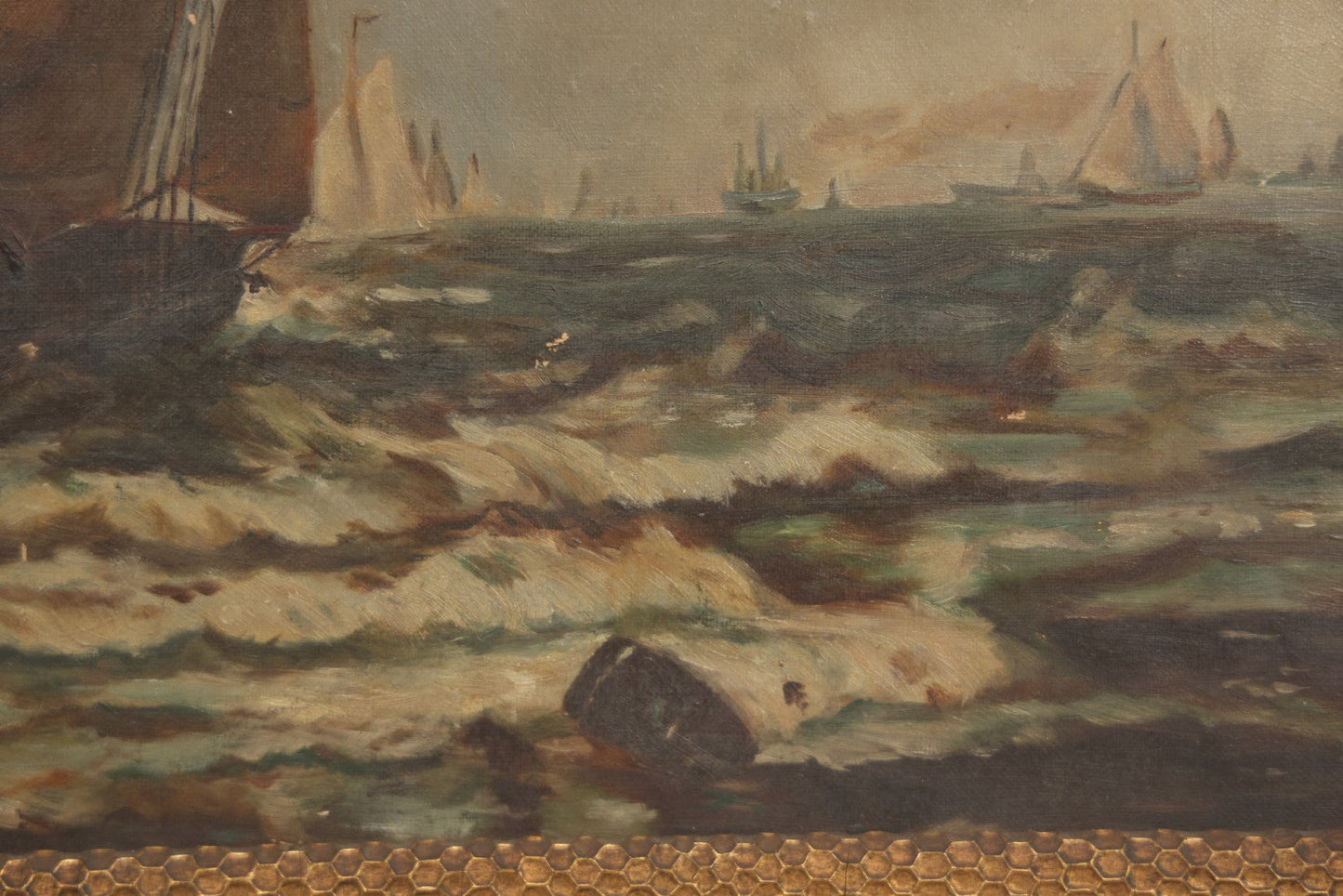 Lot 001 - Antique Oil On Canvas Maritime Nautical Painting With Sailing Ships, Gilt Gesso Frame, Note Holes And Paint Losses, 25-3/4" x 20"