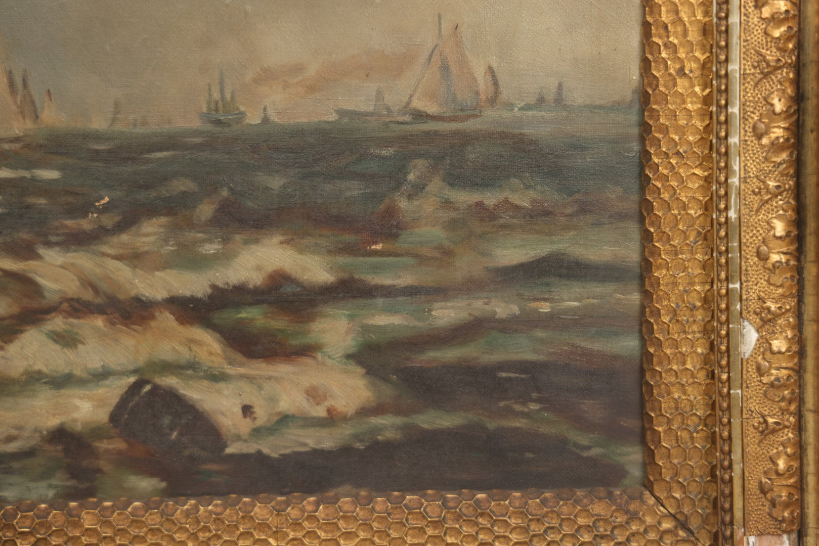 Lot 001 - Antique Oil On Canvas Maritime Nautical Painting With Sailing Ships, Gilt Gesso Frame, Note Holes And Paint Losses, 25-3/4" x 20"