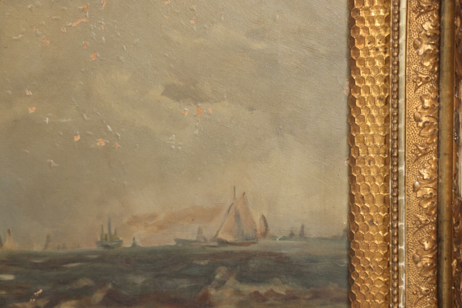 Lot 001 - Antique Oil On Canvas Maritime Nautical Painting With Sailing Ships, Gilt Gesso Frame, Note Holes And Paint Losses, 25-3/4" x 20"