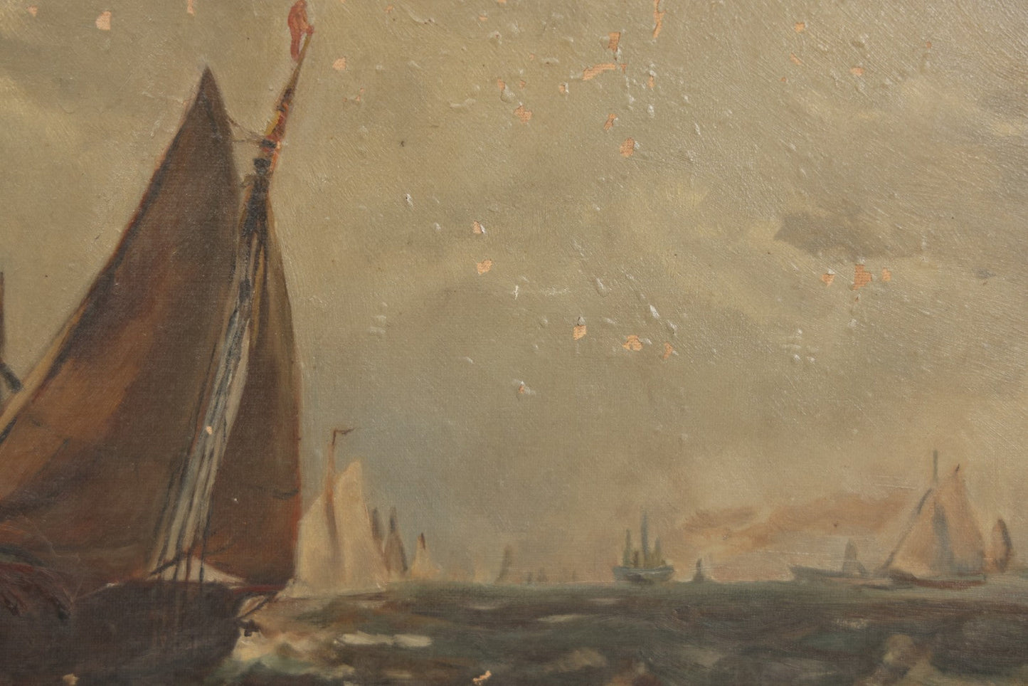 Lot 001 - Antique Oil On Canvas Maritime Nautical Painting With Sailing Ships, Gilt Gesso Frame, Note Holes And Paint Losses, 25-3/4" x 20"