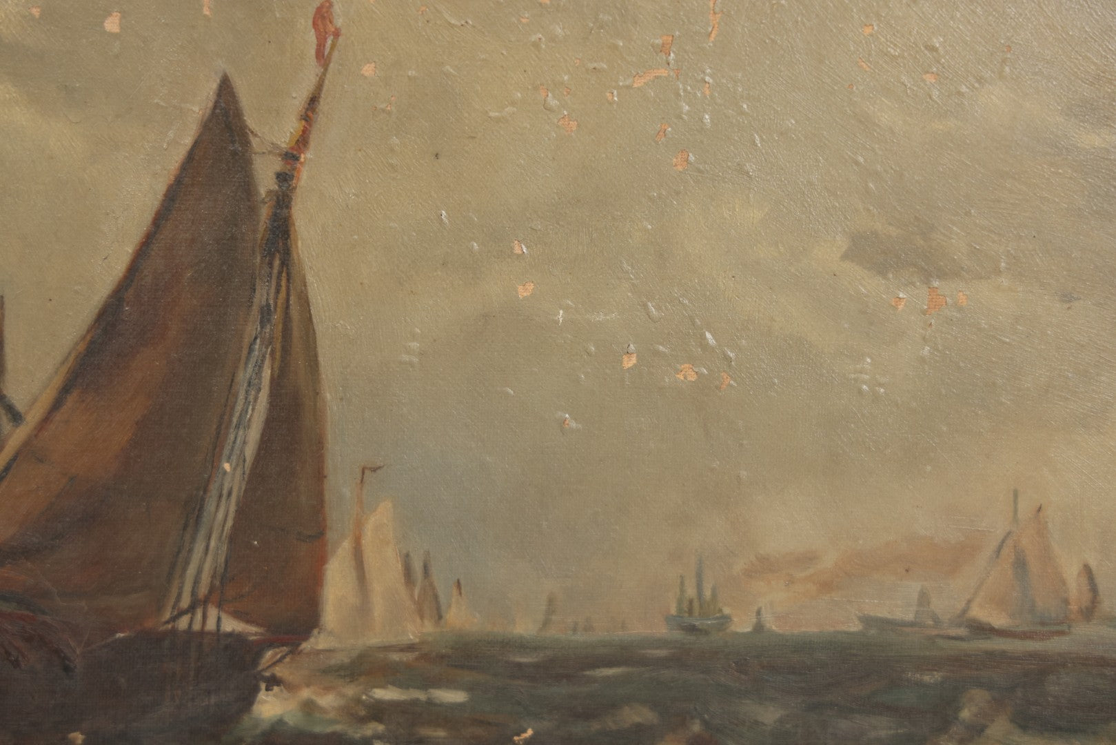 Lot 001 - Antique Oil On Canvas Maritime Nautical Painting With Sailing Ships, Gilt Gesso Frame, Note Holes And Paint Losses, 25-3/4" x 20"