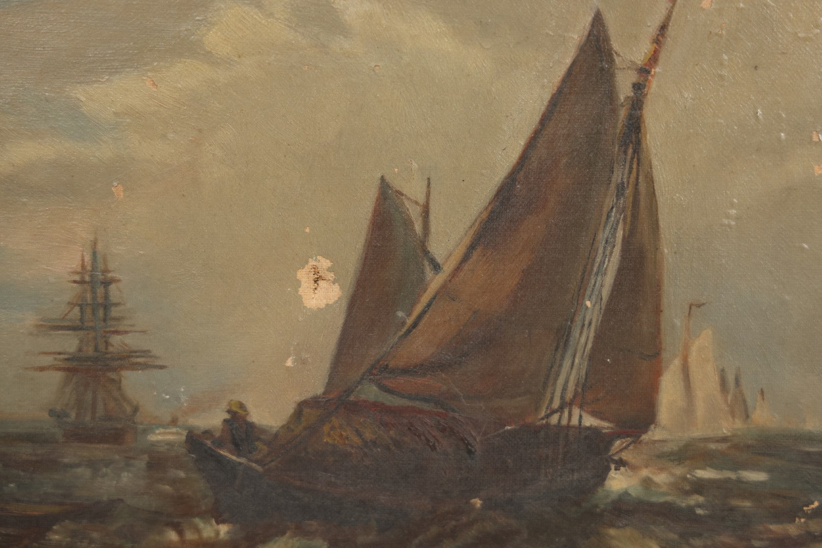 Lot 001 - Antique Oil On Canvas Maritime Nautical Painting With Sailing Ships, Gilt Gesso Frame, Note Holes And Paint Losses, 25-3/4" x 20"