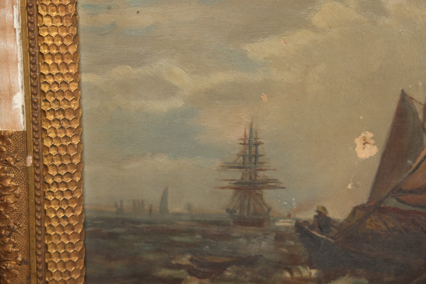 Lot 001 - Antique Oil On Canvas Maritime Nautical Painting With Sailing Ships, Gilt Gesso Frame, Note Holes And Paint Losses, 25-3/4" x 20"