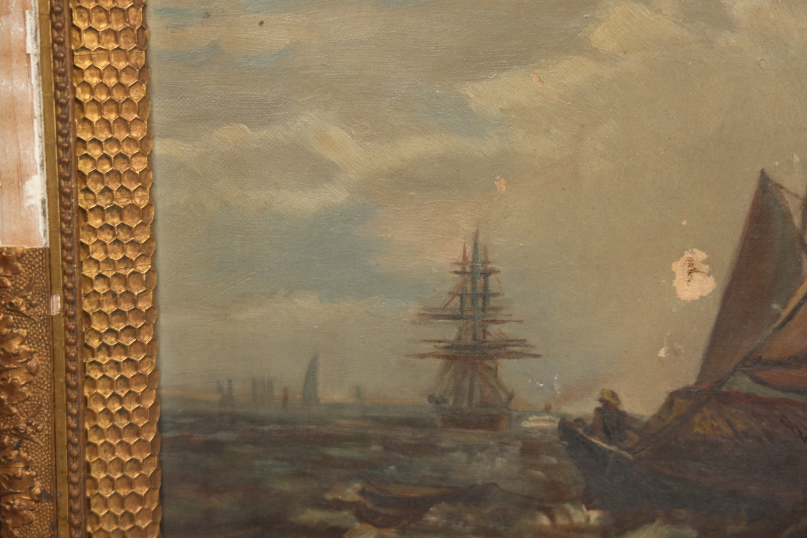Lot 001 - Antique Oil On Canvas Maritime Nautical Painting With Sailing Ships, Gilt Gesso Frame, Note Holes And Paint Losses, 25-3/4" x 20"
