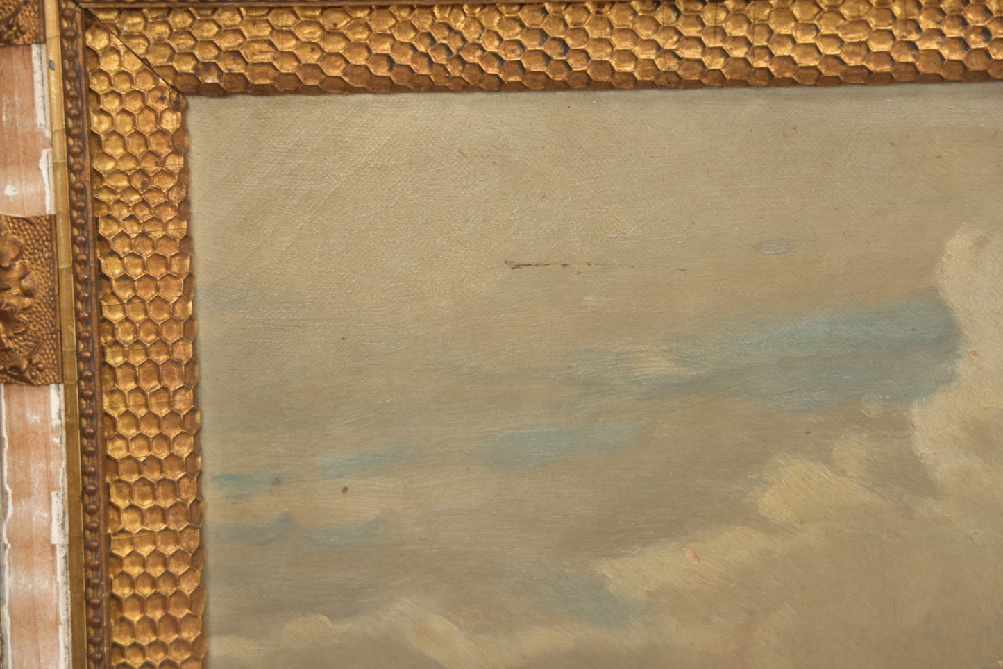 Lot 001 - Antique Oil On Canvas Maritime Nautical Painting With Sailing Ships, Gilt Gesso Frame, Note Holes And Paint Losses, 25-3/4" x 20"