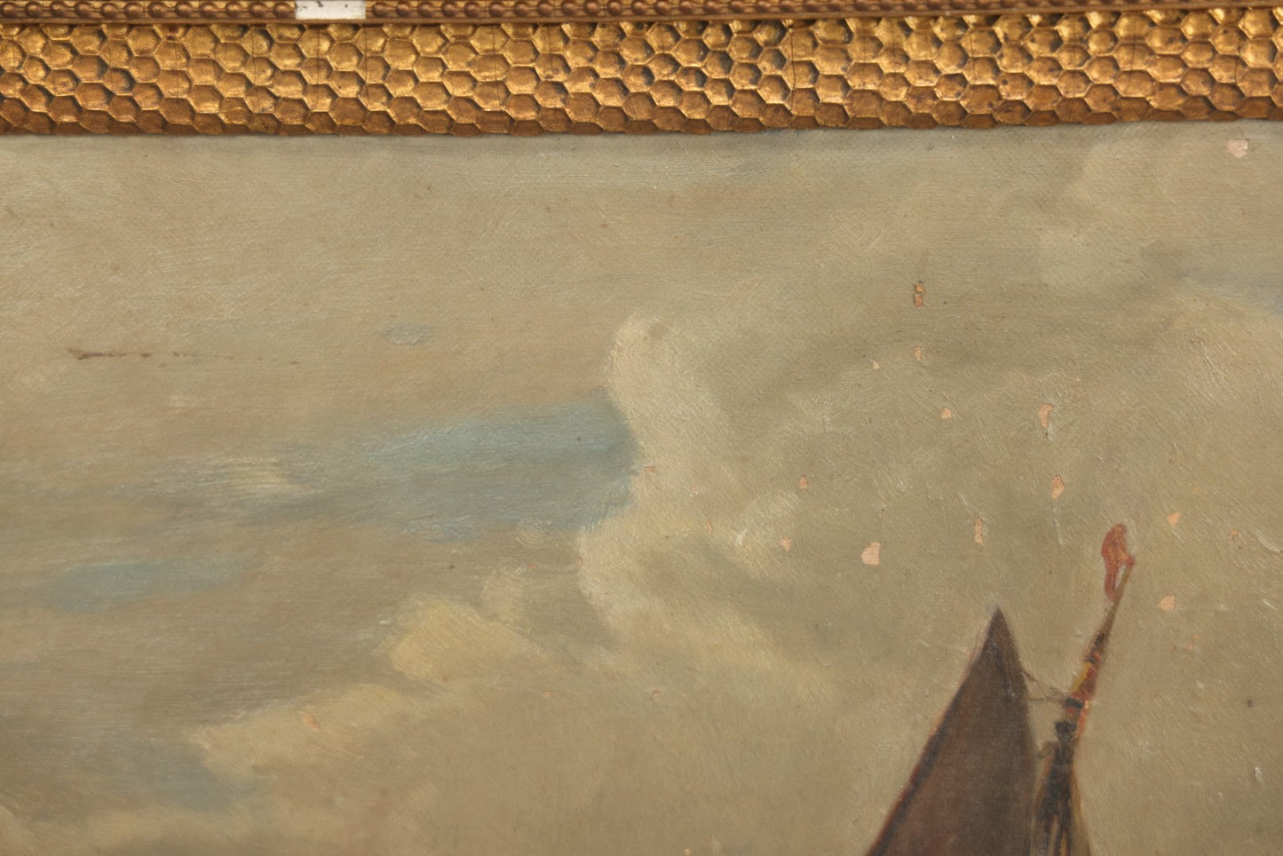 Lot 001 - Antique Oil On Canvas Maritime Nautical Painting With Sailing Ships, Gilt Gesso Frame, Note Holes And Paint Losses, 25-3/4" x 20"