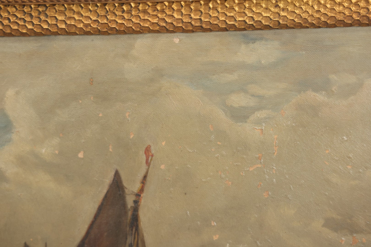 Lot 001 - Antique Oil On Canvas Maritime Nautical Painting With Sailing Ships, Gilt Gesso Frame, Note Holes And Paint Losses, 25-3/4" x 20"