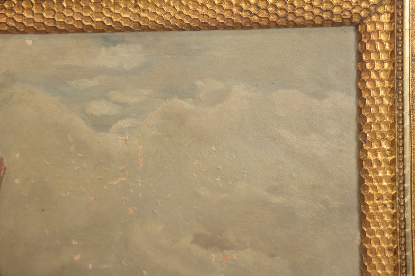 Lot 001 - Antique Oil On Canvas Maritime Nautical Painting With Sailing Ships, Gilt Gesso Frame, Note Holes And Paint Losses, 25-3/4" x 20"