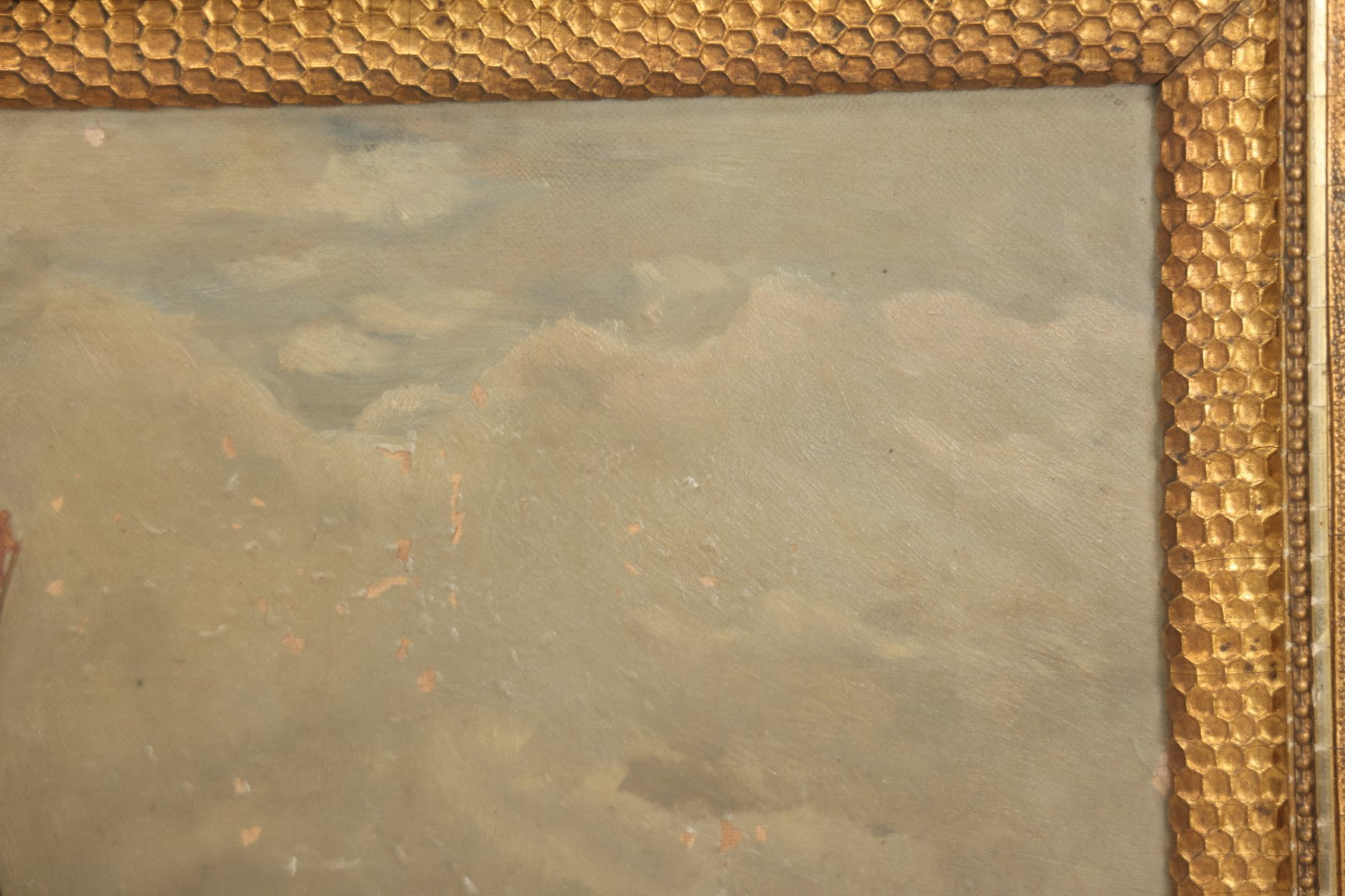 Lot 001 - Antique Oil On Canvas Maritime Nautical Painting With Sailing Ships, Gilt Gesso Frame, Note Holes And Paint Losses, 25-3/4" x 20"