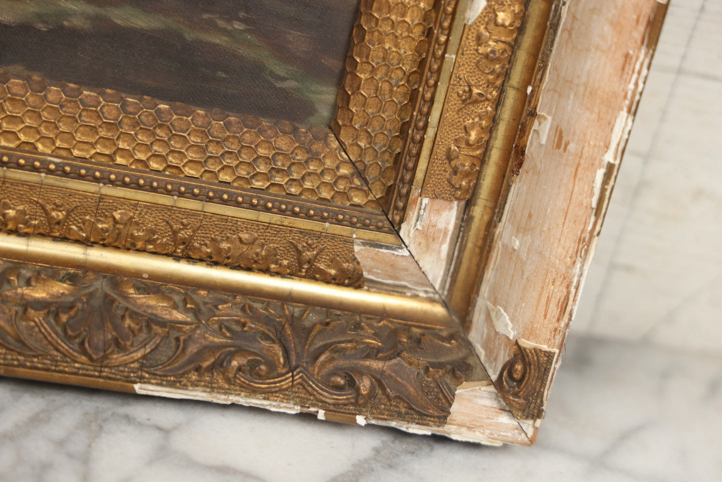 Lot 001 - Antique Oil On Canvas Maritime Nautical Painting With Sailing Ships, Gilt Gesso Frame, Note Holes And Paint Losses, 25-3/4" x 20"