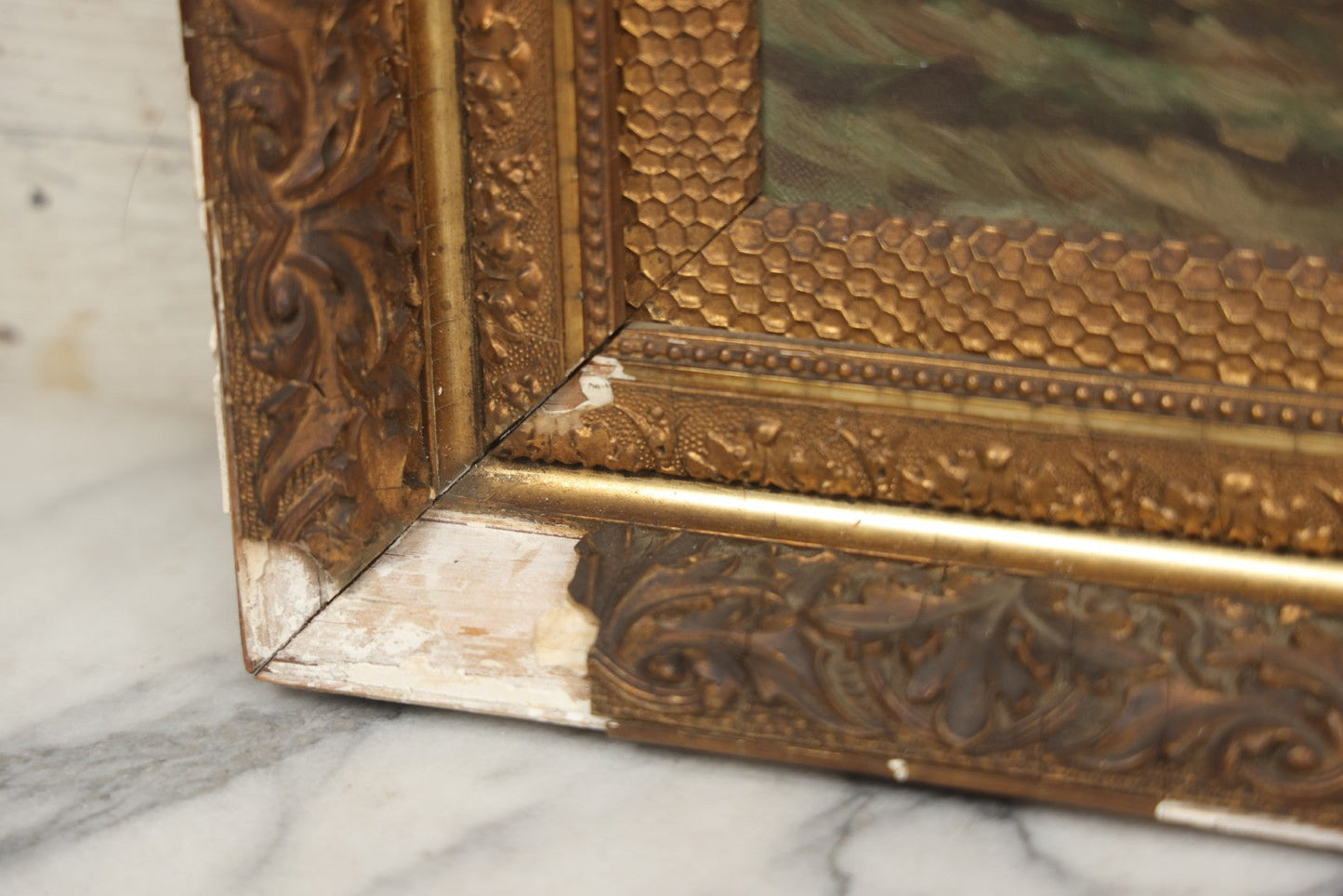 Lot 001 - Antique Oil On Canvas Maritime Nautical Painting With Sailing Ships, Gilt Gesso Frame, Note Holes And Paint Losses, 25-3/4" x 20"