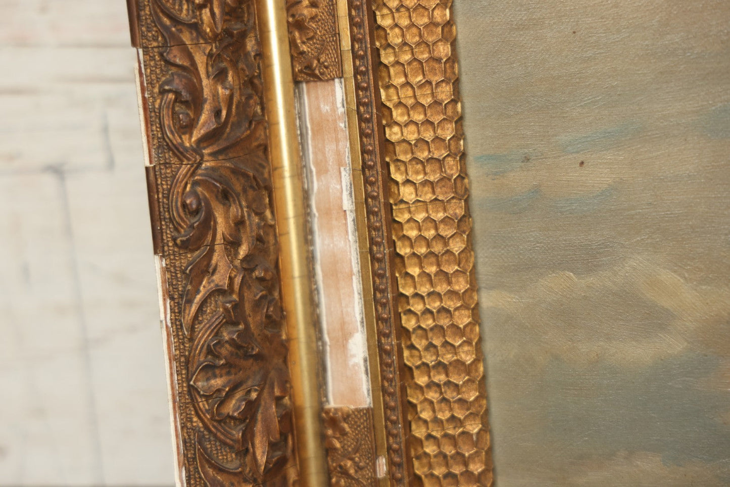 Lot 001 - Antique Oil On Canvas Maritime Nautical Painting With Sailing Ships, Gilt Gesso Frame, Note Holes And Paint Losses, 25-3/4" x 20"