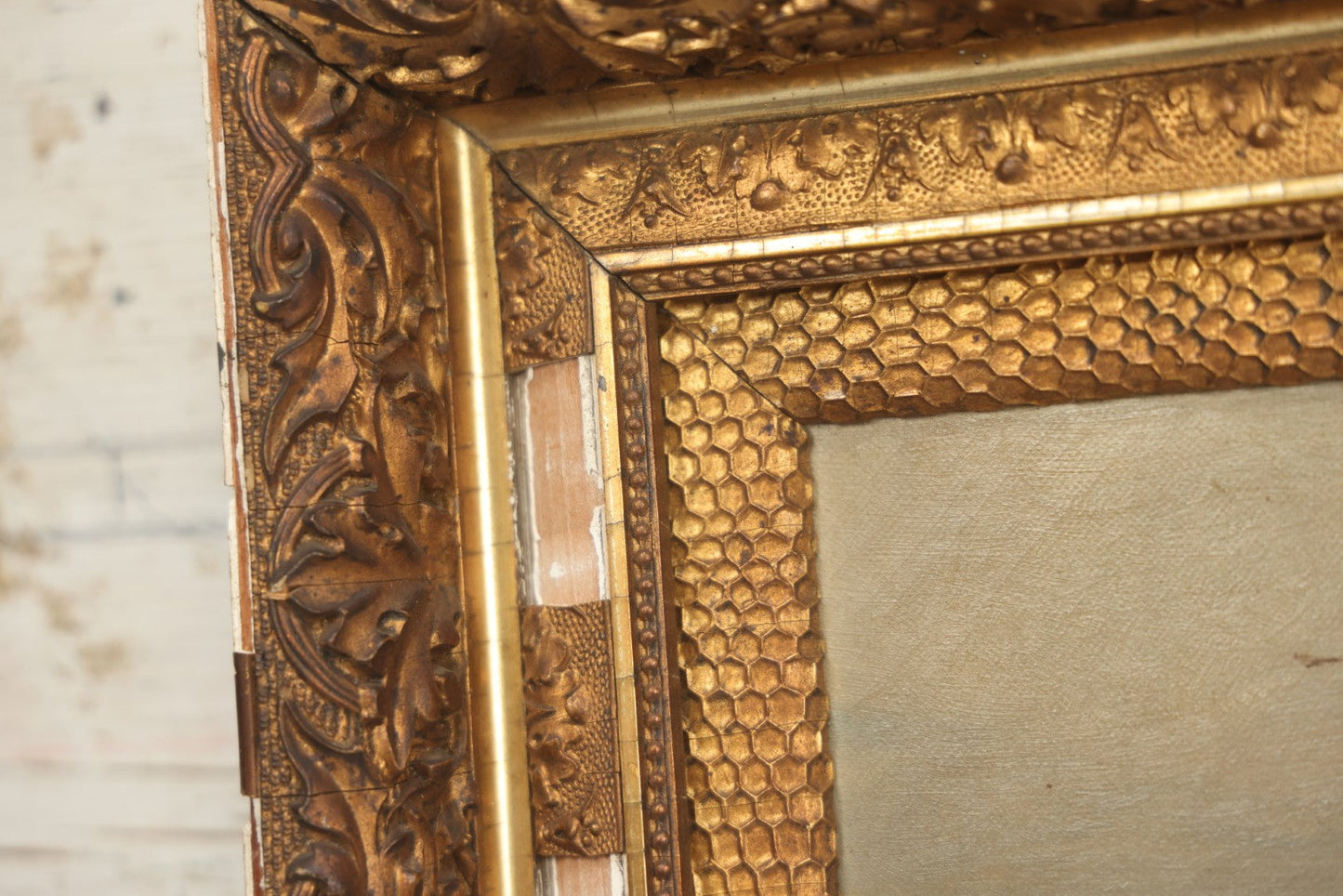 Lot 001 - Antique Oil On Canvas Maritime Nautical Painting With Sailing Ships, Gilt Gesso Frame, Note Holes And Paint Losses, 25-3/4" x 20"