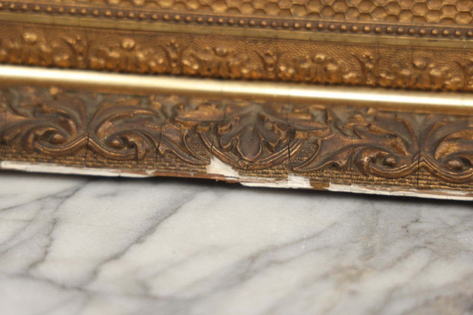 Lot 001 - Antique Oil On Canvas Maritime Nautical Painting With Sailing Ships, Gilt Gesso Frame, Note Holes And Paint Losses, 25-3/4" x 20"