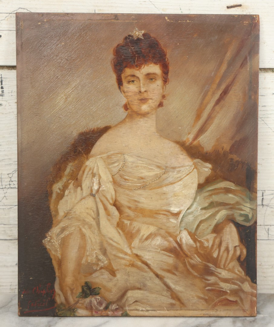 Lot 002 - Antique Oil On Wood Panel Portrait Painting Of A Woman In White Gown With Star Ornament In Hair, Signed Lower Left, Circa Late 19th Century, 8-1/2" x 10-3/4"