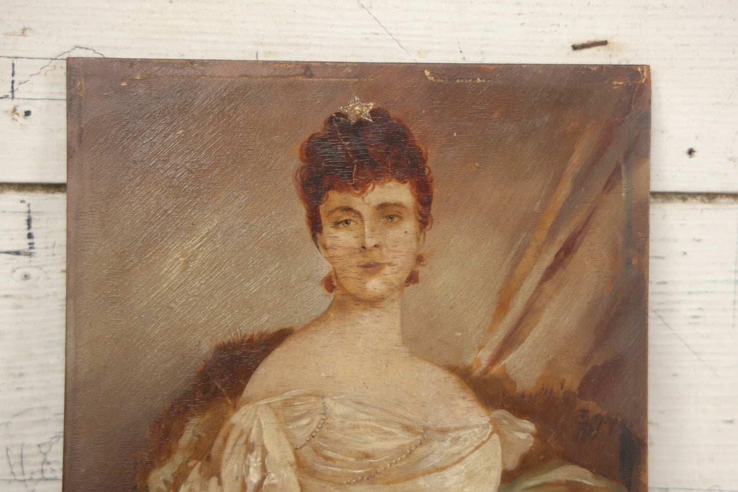Lot 002 - Antique Oil On Wood Panel Portrait Painting Of A Woman In White Gown With Star Ornament In Hair, Signed Lower Left, Circa Late 19th Century, 8-1/2" x 10-3/4"