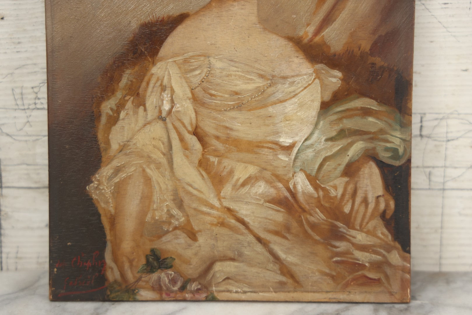 Lot 002 - Antique Oil On Wood Panel Portrait Painting Of A Woman In White Gown With Star Ornament In Hair, Signed Lower Left, Circa Late 19th Century, 8-1/2" x 10-3/4"