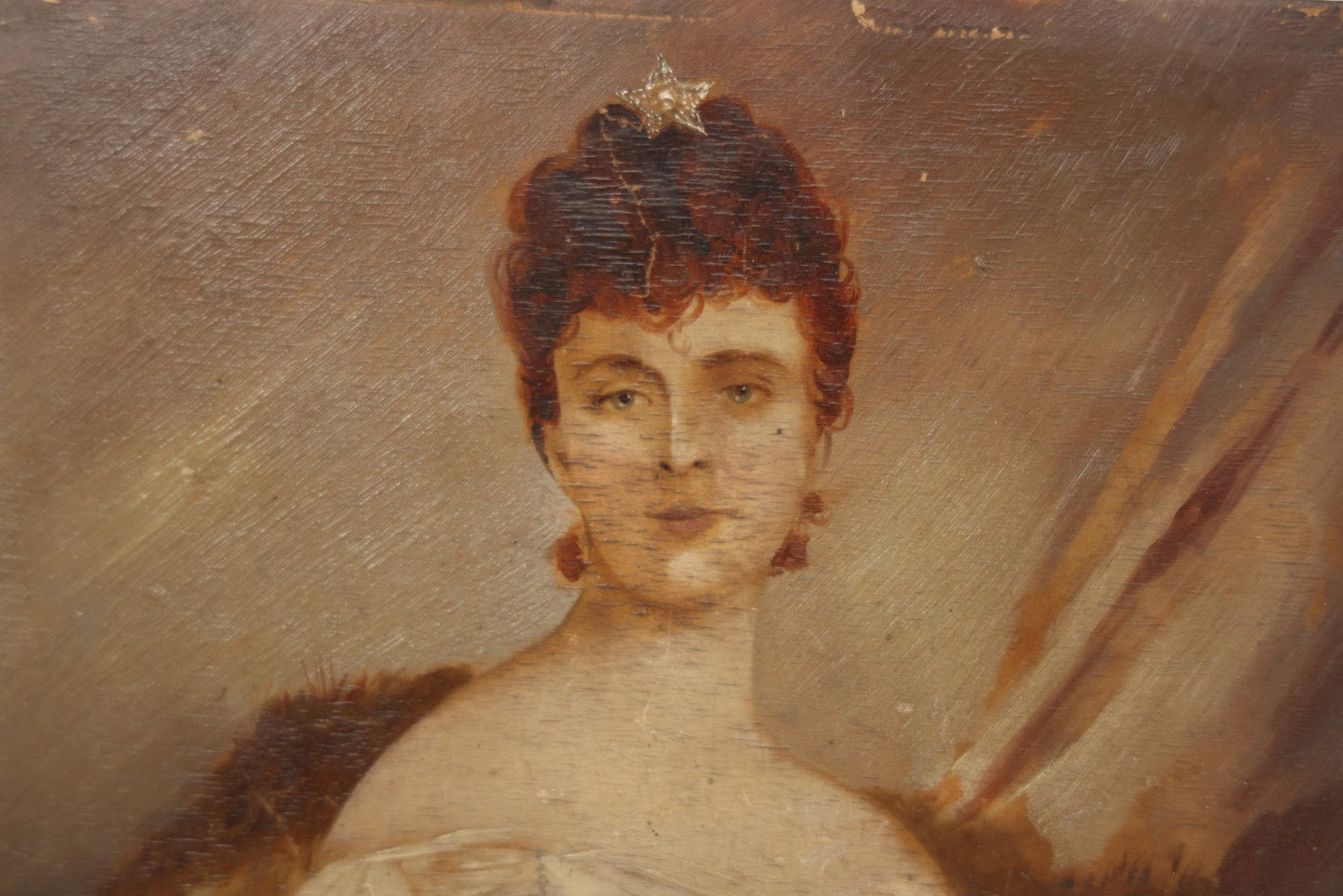 Lot 002 - Antique Oil On Wood Panel Portrait Painting Of A Woman In White Gown With Star Ornament In Hair, Signed Lower Left, Circa Late 19th Century, 8-1/2" x 10-3/4"